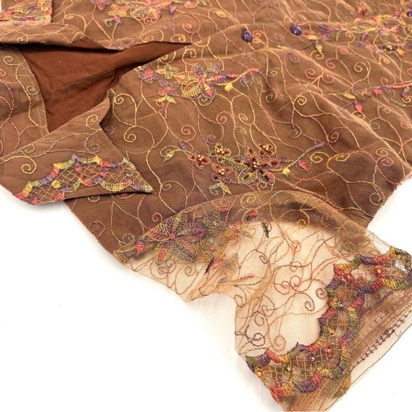 Handmade Brown Rainbow Ethereal Floral Embroidered Metallic Fairy Collar Shirt - Picture 3 of 5